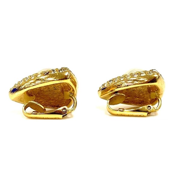 Vintage Christian Dior Pearl Clip On Earrings Rhinestone Gold Tone Triangle - Picture 5 of 12